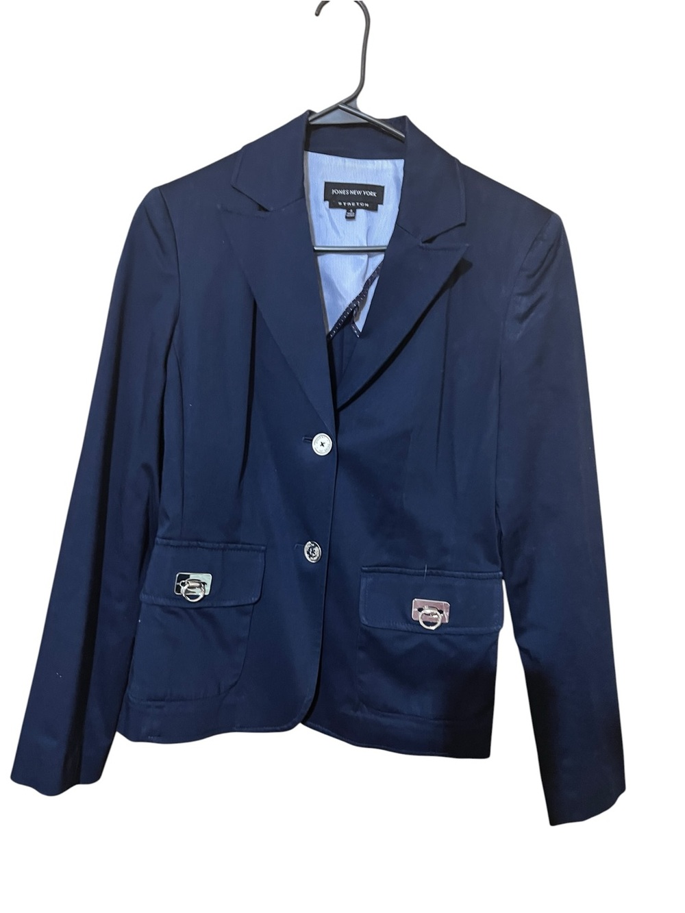 Jones New York Stretch Navy Blazer Jacket Size 4  Preppy Gold Tone prep school